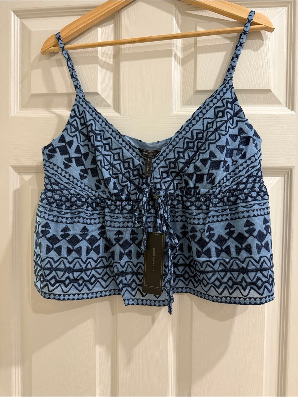 BCBGMaxAzria Light Blue and Navy Embroidered Crochet-Trim Cami